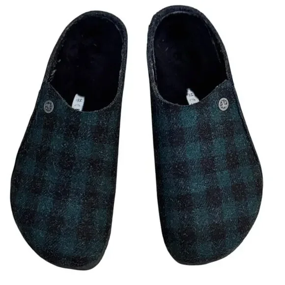 Birkenstock Zermatt Black Shearling Wool Felt Plaid Green - Picture 2 of 11